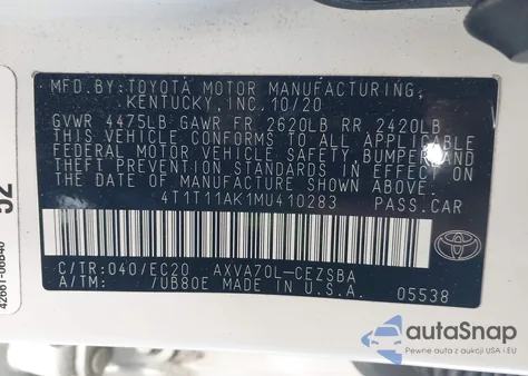 2021 Toyota Camry Se Nightshade Edition из США, поврежденный, VIN 4T1T11AK1MU410283